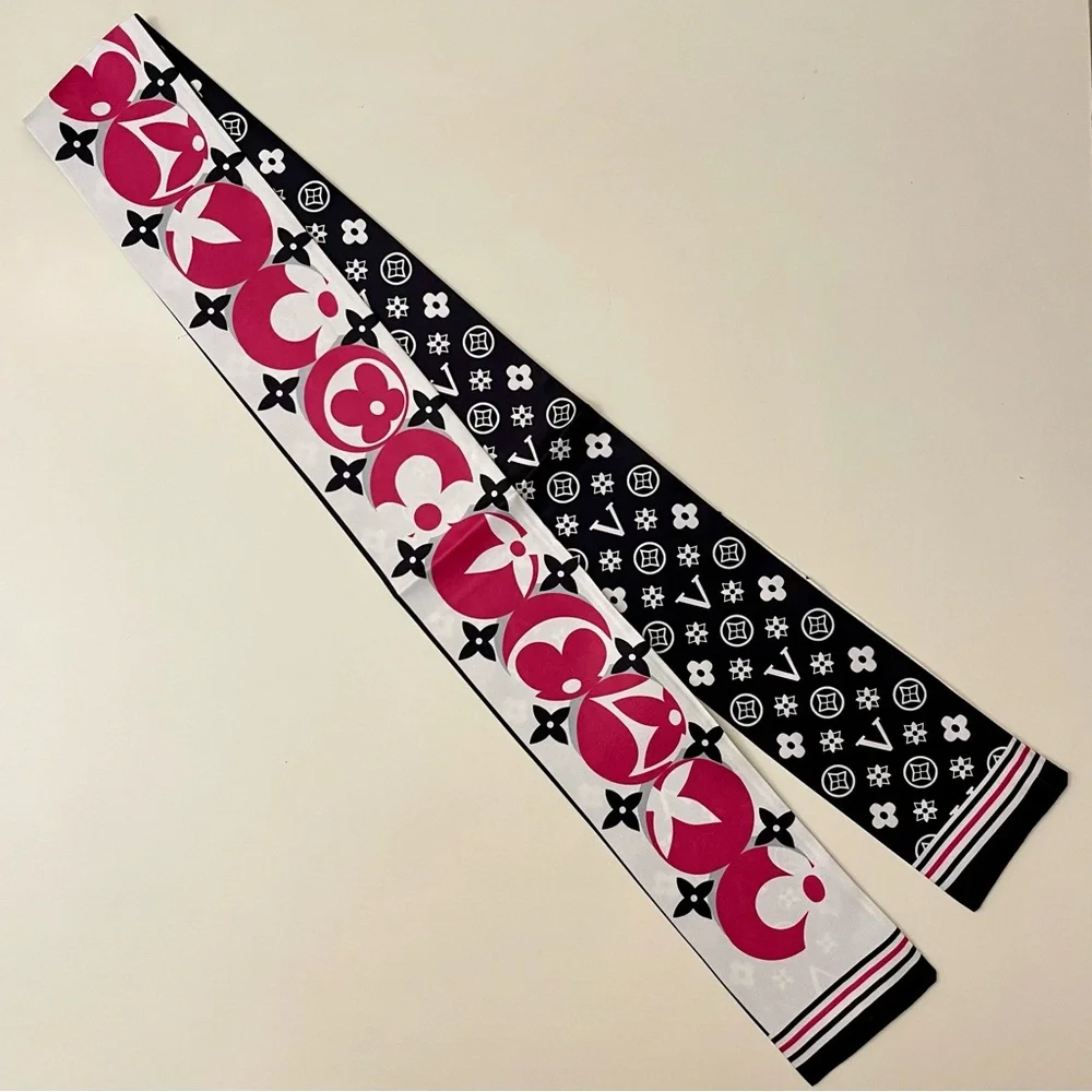 Luxury 100% Silk Bandeau Twilly Scarf - Black, White & Pink Floral Monogram